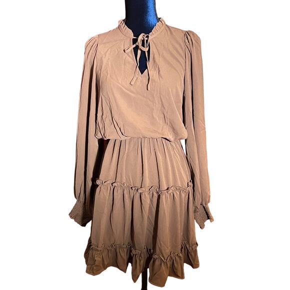 Vine & Love Dress Brown Ruffle sleeves and skirt with tie front - Picture 1 of 9